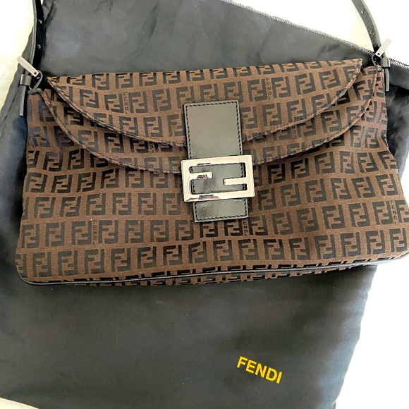 Authentic Vintage Fendi Zucchino Baguette w/ COA Brown / Black w/ Gunmetal Gray - Picture 7 of 14